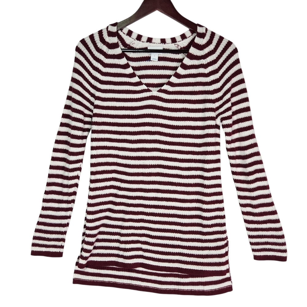 Old Navy Women's Striped V-Neck Sweater Burgundy Red White Large Holiday Xmas